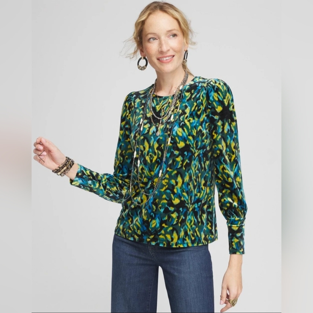 Chico's Ikat Velvet Long Sleeve Tee Artsy Boxy Contemporary Multicolored sz M